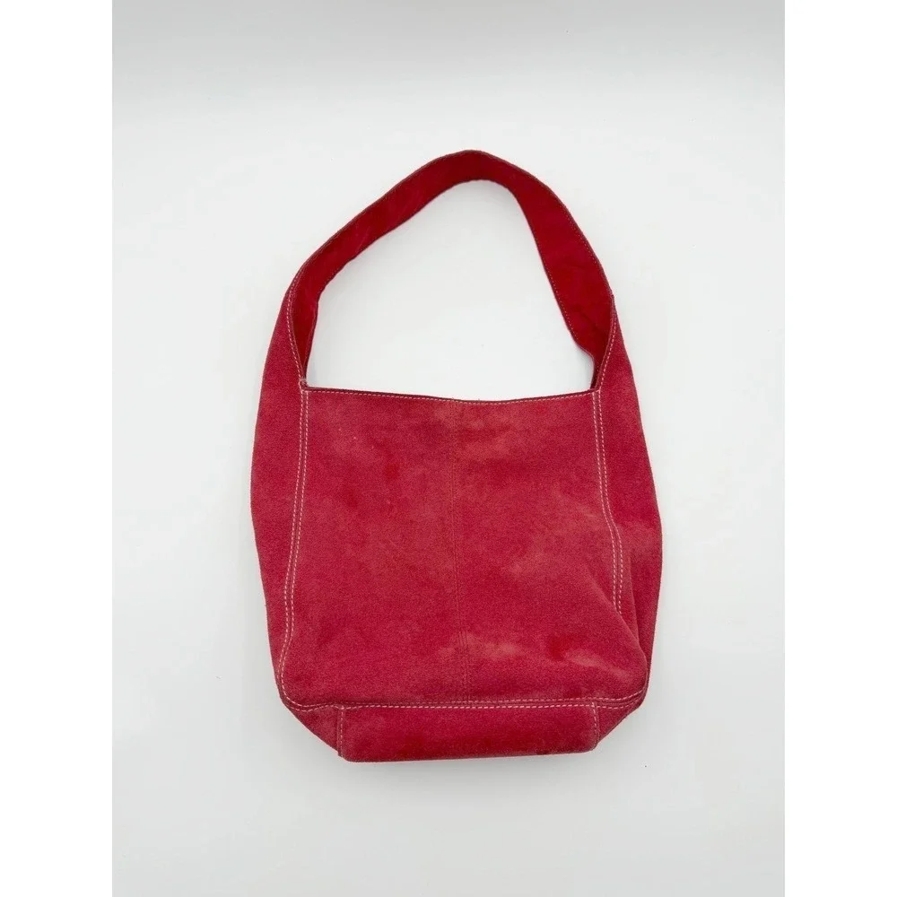VTG 2002 Old Navy Red Suede Leather Shoulder Bucket Bag Womens Y2K Boho Indie